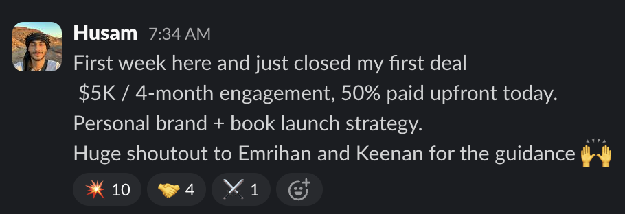 Husam - First week, closed $5K 4-month engagement, 50% paid upfront