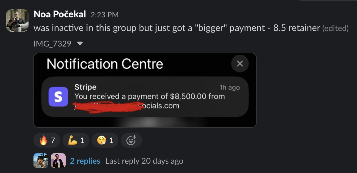 Noa Pocekal - Received $8,500 Stripe payment, 8.5 retainer