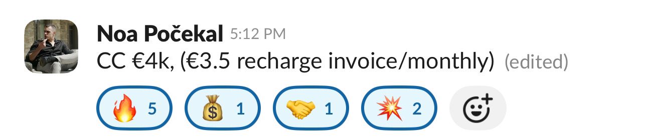 Noa Pocekal - Cash collected 4k EUR (3.5 recharge invoice monthly)